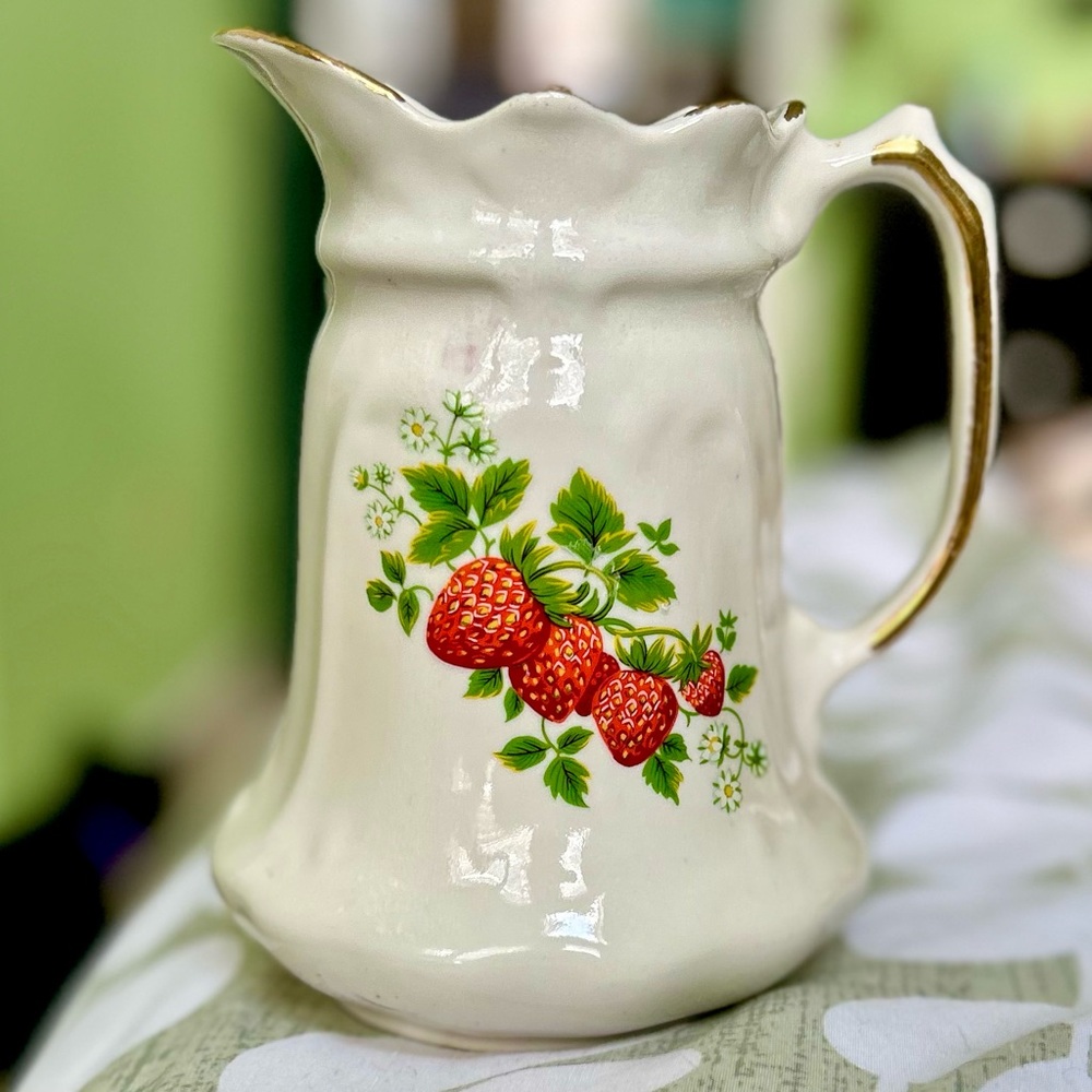 Vintage Dainty Porcelain Strawberry Field Cottagecore Farmhouse Kitchen Pitcher - Picture 2 of 13